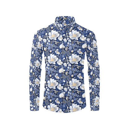 Blue White Gold Floral Long Sleeve Men Button Up Shirt, Flowers Print Buttoned Down Collar Casual Dress Shirt with Chest Pocket Starcove Fashion