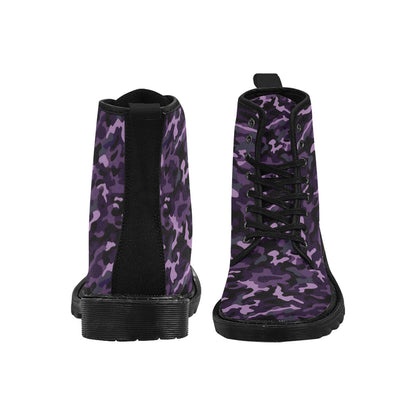Black Purple Camo Women Canvas Boots, Camouflage Ladies Lace Up Vegan Shoes Festival Print  Ankle Combat Winter Casual Work Hiking