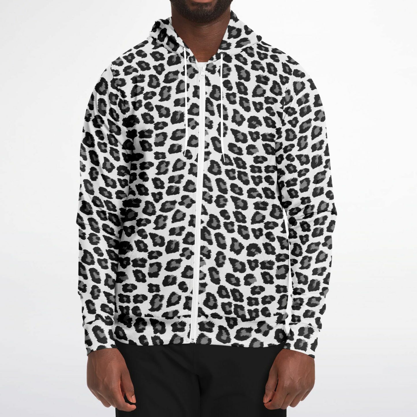 Snow Leopard Zip Up Hoodie, Black White Animal Print Full Zipper Pocket Men Women Unisex Adult Graphic Cotton Fleece Hooded Sweatshirt