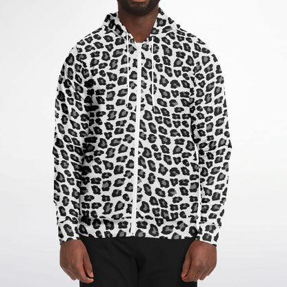 Snow Leopard Zip Up Hoodie, Black White Animal Print Full Zipper Pocket Men Women Unisex Adult Graphic Cotton Fleece Hooded Sweatshirt