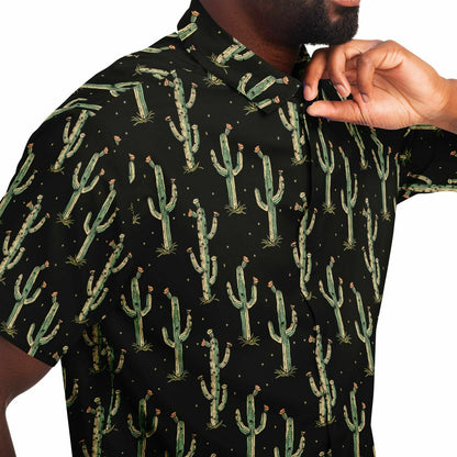Cactus Men Button Up Shirt, Desert Black Western Short Sleeve Print Casual Buttoned Down Summer Male Guys Collared Designer Dress