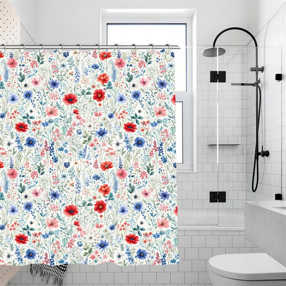 Red Blue Floral Shower Curtain with Hooks Rings, Nature Flowers White Fabric Waterproof Unique Bath Bathroom Decor Housewarming Home Gift