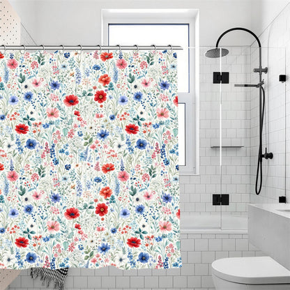 Red Blue Floral Shower Curtain with Hooks Rings, Nature Flowers White Fabric Waterproof Unique Bath Bathroom Decor Housewarming Home Gift