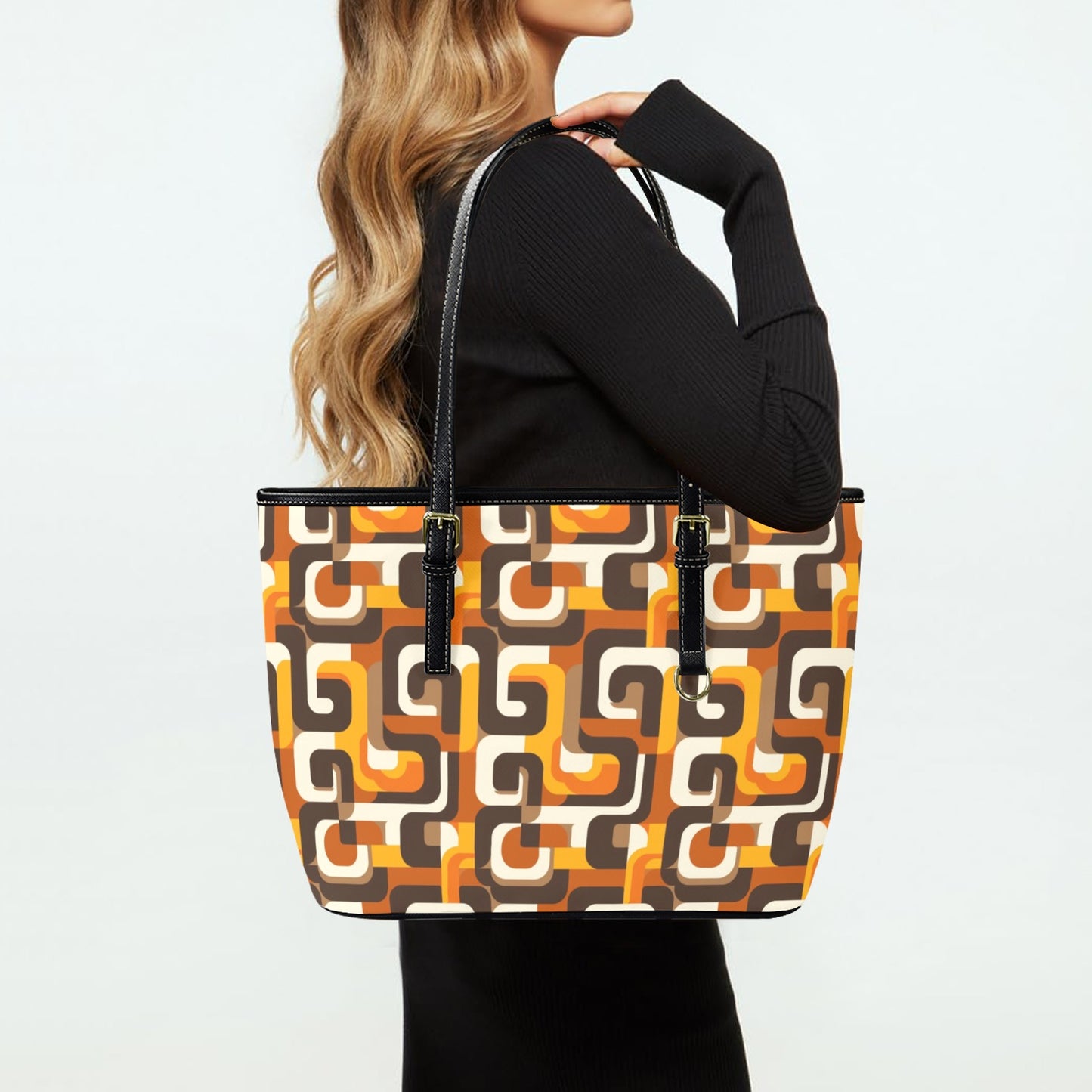 Retro Vintage Tote Bag Purse, 70s Geometric Orange Brown Art Women Vegan Leather Handbag  Zip on Top Designer Handmade Shoulder Ladies Bag