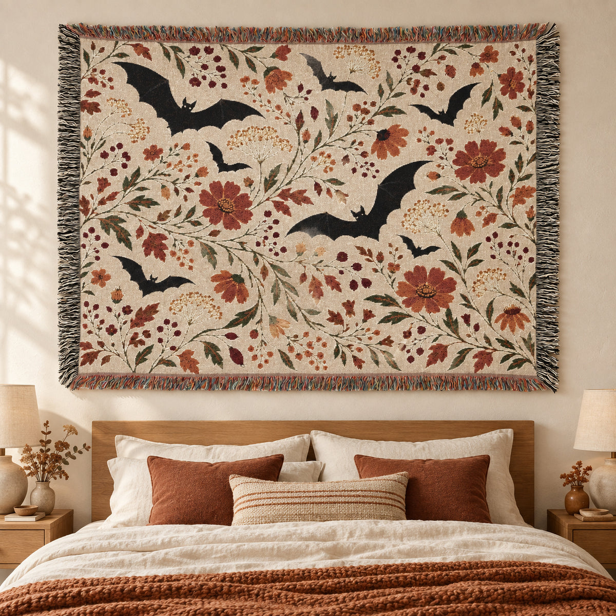 Bat Floral Woven Throw Blanket Tapestry, Halloween Autumn Fall Boho Cotton Fringe Warm Adult Kids Small Large Sofa Bed 50x60 Wall Hanging