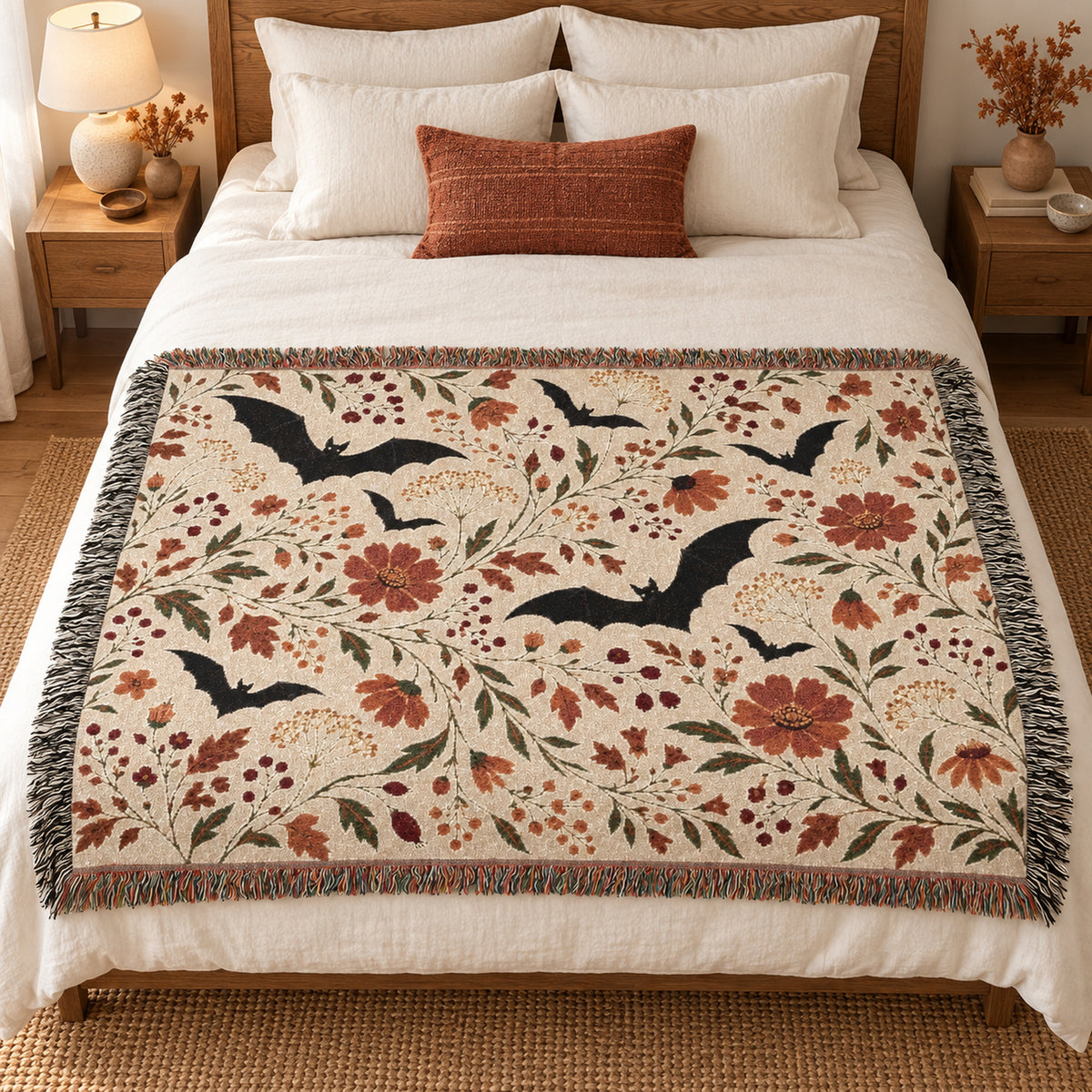 Bat Floral Woven Throw Blanket Tapestry, Halloween Autumn Fall Boho Cotton Fringe Warm Adult Kids Small Large Sofa Bed 50x60 Wall Hanging