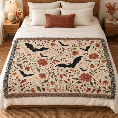 Bat Floral Woven Throw Blanket Tapestry, Halloween Autumn Fall Boho Cotton Fringe Warm Adult Kids Small Large Sofa Bed 50x60 Wall Hanging