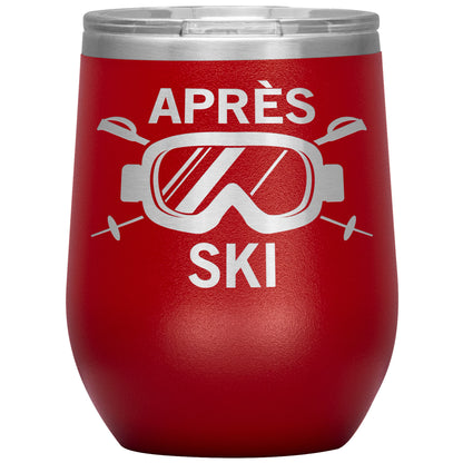 Apres Ski Wine Tumbler Mug, Skiing Decor Winter Glassware Holiday Party Resort Stemless Insulated Stainless Steel 12 oz Cup Favors Weekend