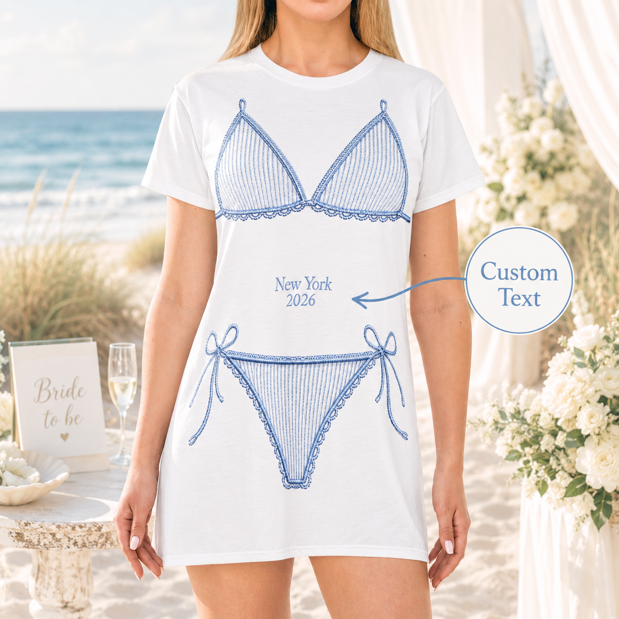 Bikini Bachelorette Tshirts Dress, Custom Coastal White Last Toast Bikinis Martinis Splash Nautical Bridal Bride Bridesmaid Wedding Bells
