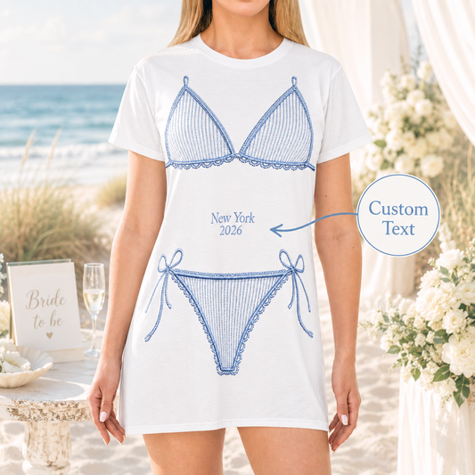 Bikini Bachelorette Tshirts Dress, Custom Coastal White Last Toast Bikinis Martinis Splash Nautical Bridal Bride Bridesmaid Wedding Bells