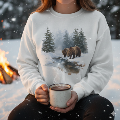 Grizzly Bears Wilderness Scene Sweatshirt, Retro Trees White Graphic Crewneck Fleece Cotton Sweater Jumper Pullover Men Women Designer Top
