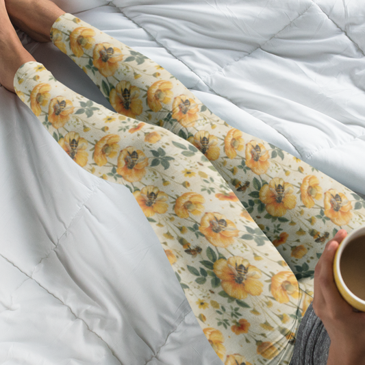 Honey Bees Floral Leggings Women Ladies, Yellow Flowers Printed Yoga Pants Cute Spring Workout Running Gym Fun Designer Tights Gift