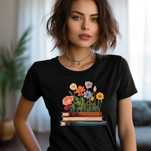 Book Lover Tshirt, Floral Flowers Reading Library Designer Graphic Aesthetic Crewneck Men Women Tee Top Short Sleeve Shirt