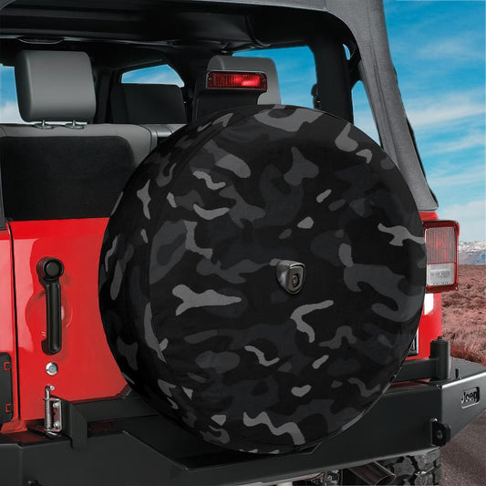 Black Camo Spare Tire Cover, Camouflage Backup Camera Hole Unique Back Extra Wheel Cars RV Men Women Girls Trailer Campers