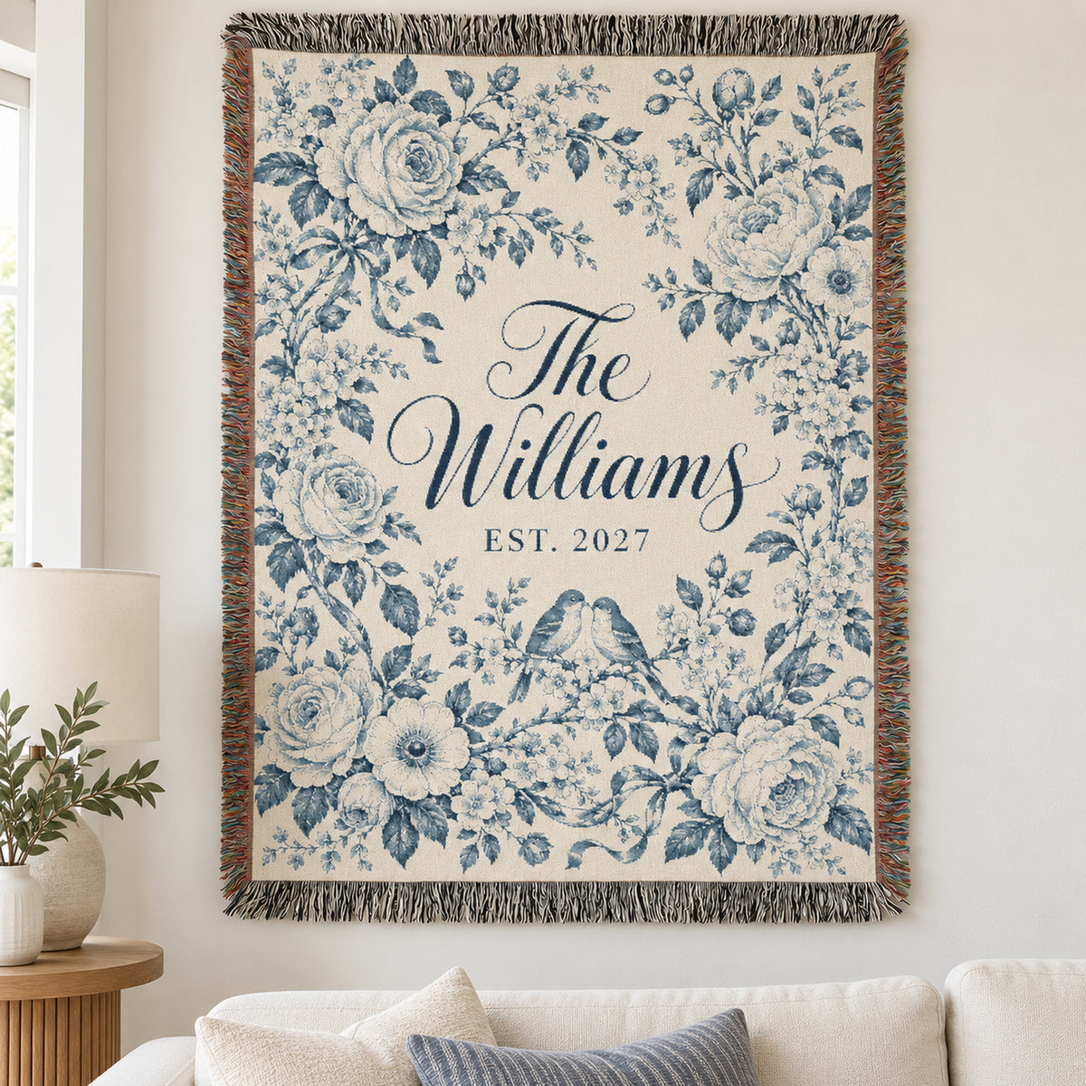 Custom Couples Blanket Throw Blanket Tapestry, Personalized Wedding Bridal Bride Anniversary Family Cotton Blue Toile Small Large Hanging