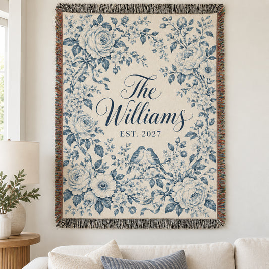 Custom Couples Blanket Throw Blanket Tapestry, Personalized Wedding Bridal Bride Anniversary Family Cotton Blue Toile Small Large Hanging