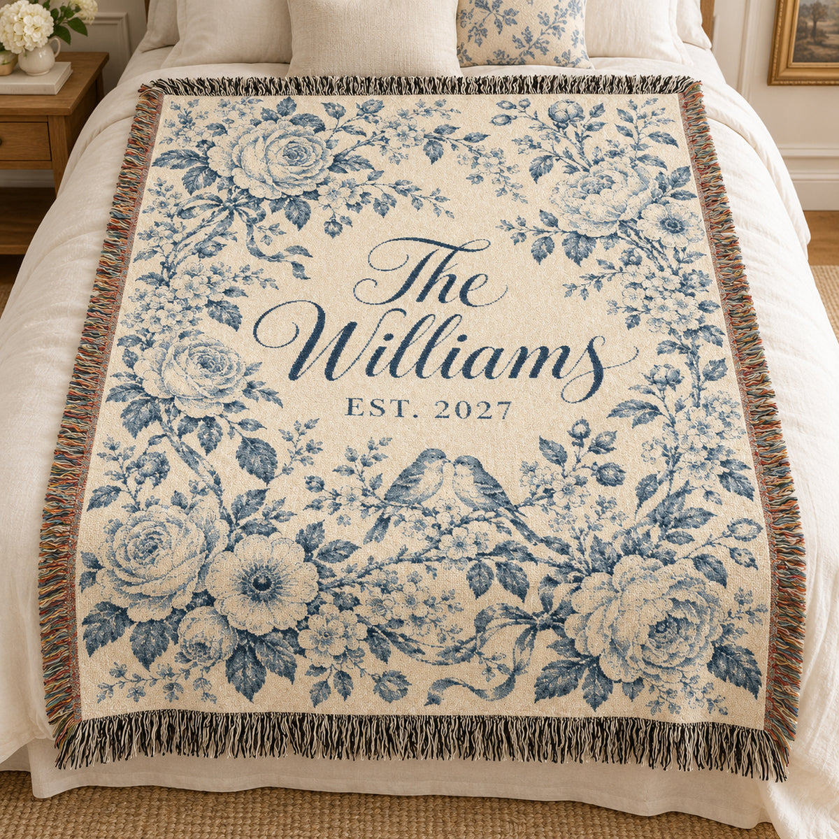 Custom Couples Blanket Throw Blanket Tapestry, Personalized Wedding Bridal Bride Anniversary Family Cotton Blue Toile Small Large Hanging