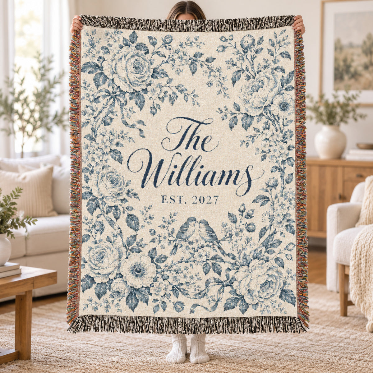Custom Couples Blanket Throw Blanket Tapestry, Personalized Wedding Bridal Bride Anniversary Family Cotton Blue Toile Small Large Hanging