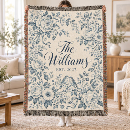 Custom Couples Blanket Throw Blanket Tapestry, Personalized Wedding Bridal Bride Anniversary Family Cotton Blue Toile Small Large Hanging