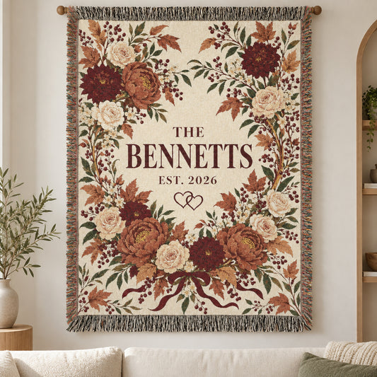 Custom Couples Woven Blanket Tapestry, Fall Autumn Floral Rose Throw Personalized Name Wedding Anniversary Family Cotton Small Large Wall