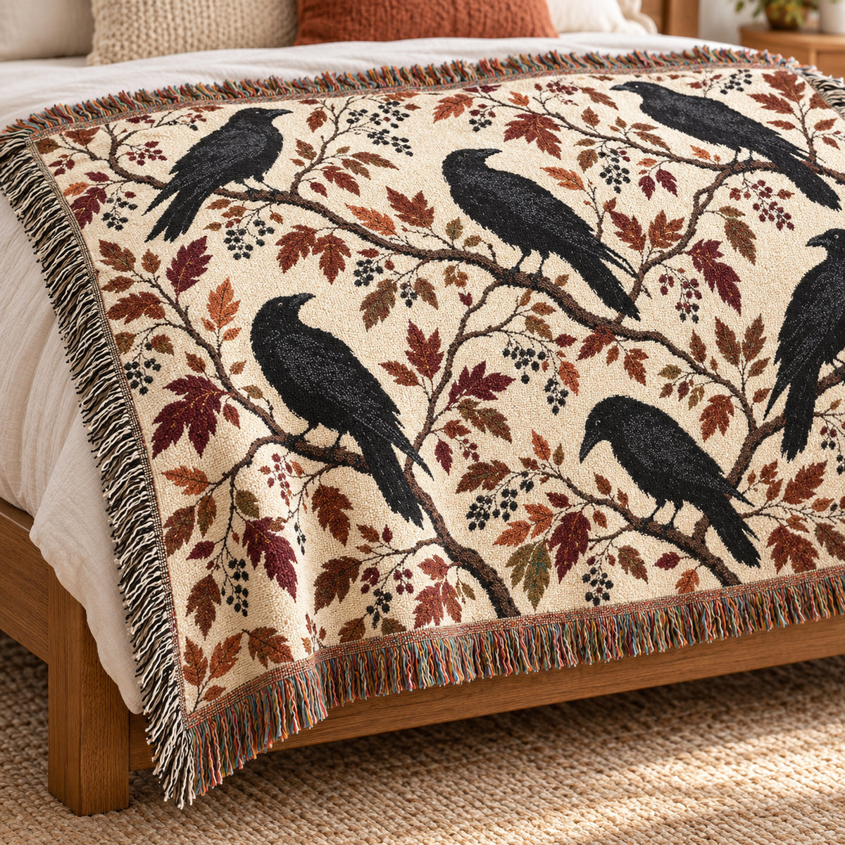 Black Raven Floral Woven Throw Blanket Tapestry, Halloween Autumn Fall Boho Gothic Crow Cotton Fringe Adult Kids Small Large Bed 50x60 Wall