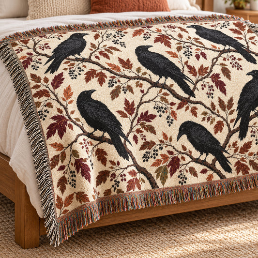 Black Raven Floral Woven Throw Blanket Tapestry, Halloween Autumn Fall Boho Gothic Crow Cotton Fringe Adult Kids Small Large Bed 50x60 Wall