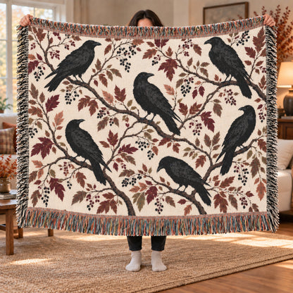 Black Raven Floral Woven Throw Blanket Tapestry, Halloween Autumn Fall Boho Gothic Crow Cotton Fringe Adult Kids Small Large Bed 50x60 Wall