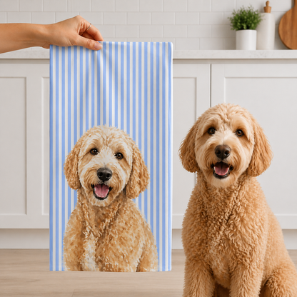 Custom Pet Portrait Hand Towel, Personalized Watercolor Dog Cat Photo Striped Guest Bath Bathroom Spa Tea Cotton Kitchen Gift Her Women - Starcove Fashion