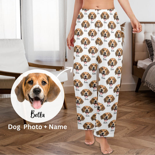 Custom Dog Face Pajamas Pants, Women Men Photo Paw Personalized Name PJ Dog Pet Funny Pockets Trousers Couples Matching Ladies Trousers