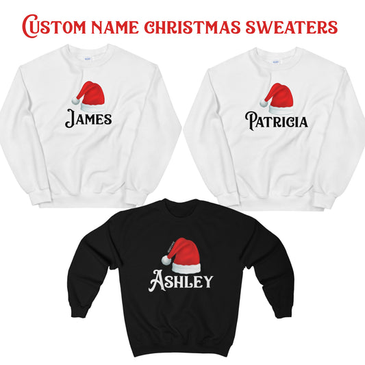 Personalized Christmas Sweaters, Custom Name Family Matching Youth Kids Women Men Couple Xmas Sweatshirt Tshirt Baby Outfits Gift Santa Hat