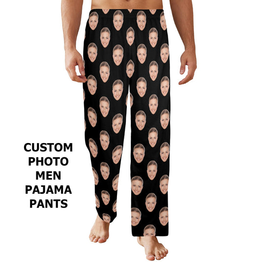Custom Photo Face Men Pajamas Pants, Personalized Satin PJ Dog Pet Cat Funny Pockets Trousers Couples Matching Trousers Starcove Fashion