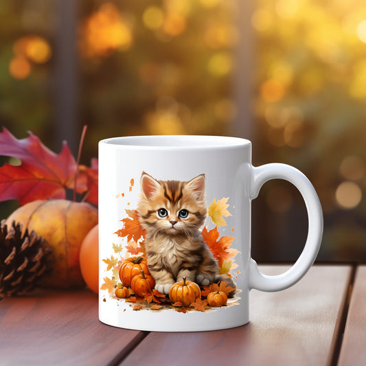 Cat Fall Pumpkins Coffee Mug, Autumn Leaves Kitten Thanksgiving Cute Art Ceramic Cup Tea Hot Chocolate Unique Cool Novelty