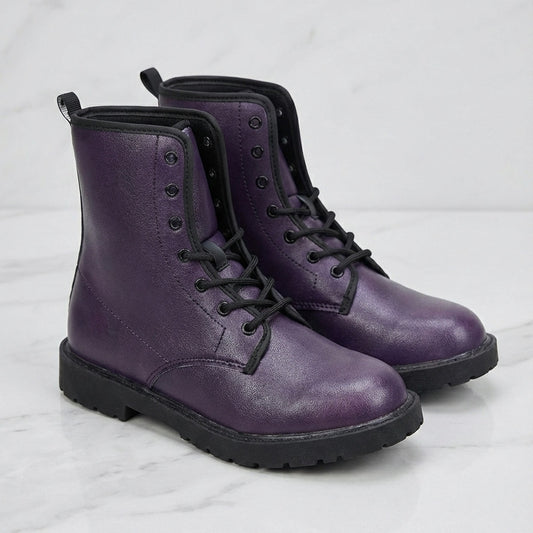 Dark Purple Combat Boots, Eggplant Women Men Vegan Leather Lace Up Shoes Hiking Festival Black Ankle Work Winter Casual Ladies - Starcove Fashion