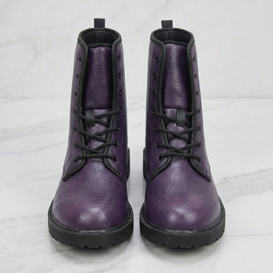 Dark Purple Combat Boots, Eggplant Women Men Vegan Leather Lace Up Shoes Hiking Festival Black Ankle Work Winter Casual Ladies - Starcove Fashion