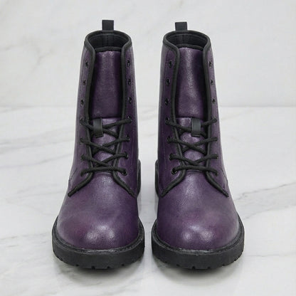 Dark Purple Combat Boots, Eggplant Women Men Vegan Leather Lace Up Shoes Hiking Festival Black Ankle Work Winter Casual Ladies - Starcove Fashion