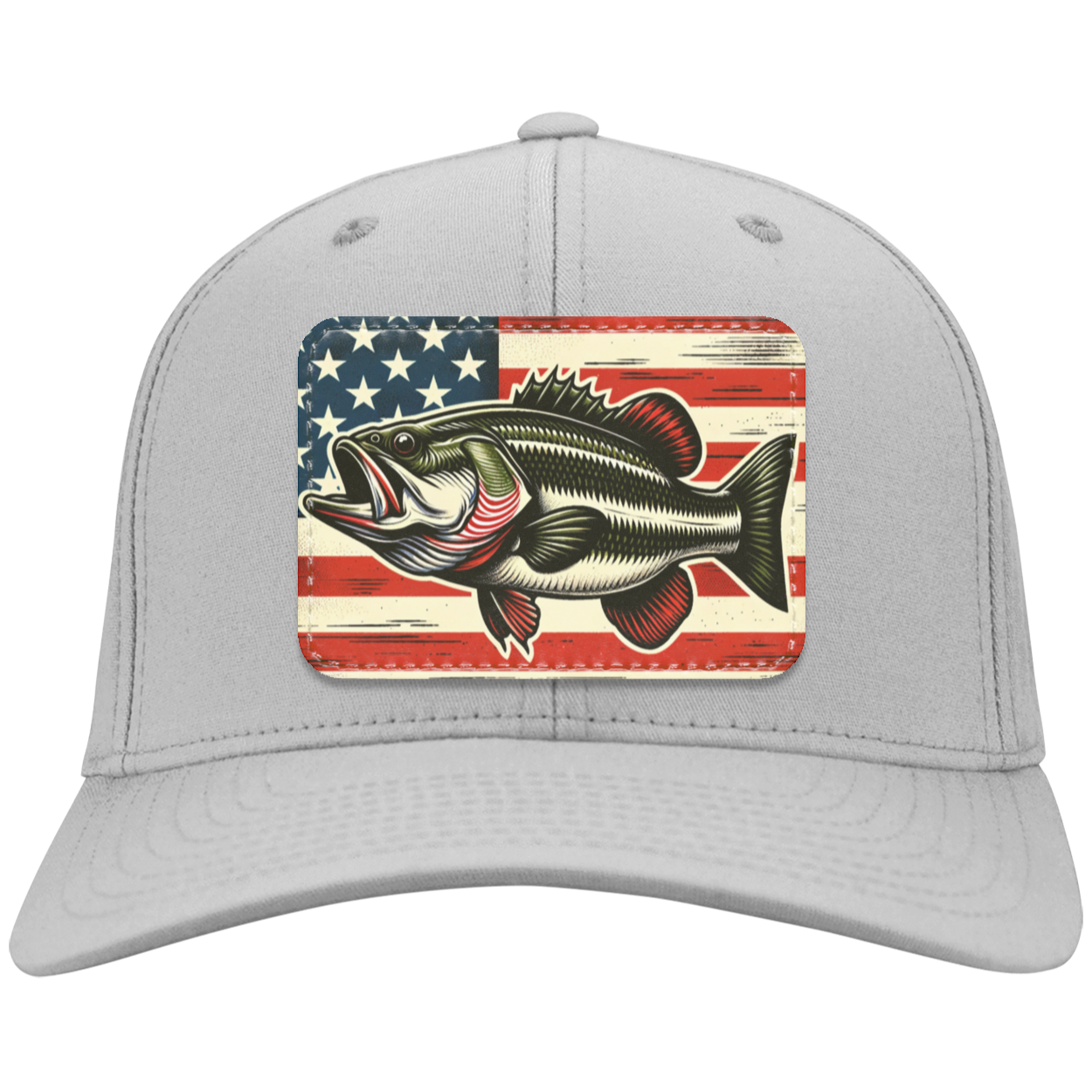 American Flag Fishing Baseball Dad Hat Cap, Bass Fish USA Mom Men Women Adult Cool Vegan Leather Patch Gift Silver / Rectangle