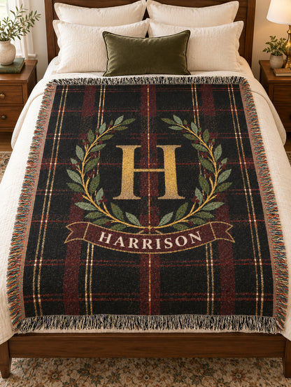 Custom Family Name Woven Throw Blanket Tapestry, Plaid Holiday Christmas Personalized Cotton Fringe Adult Kids Small Large Bed 50x60 Hanging