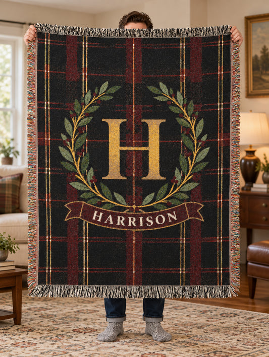 Custom Family Name Woven Throw Blanket Tapestry, Plaid Holiday Christmas Personalized Cotton Fringe Adult Kids Small Large Bed 50x60 Hanging