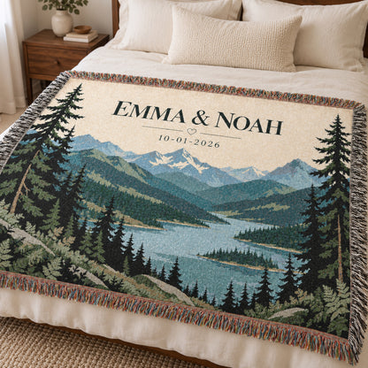 Custom Couples Blanket Throw Blanket Tapestry, Personalized Family Name Mountain Nature Cotton Fringe Small Large Bed 50x60 Wall Hanging