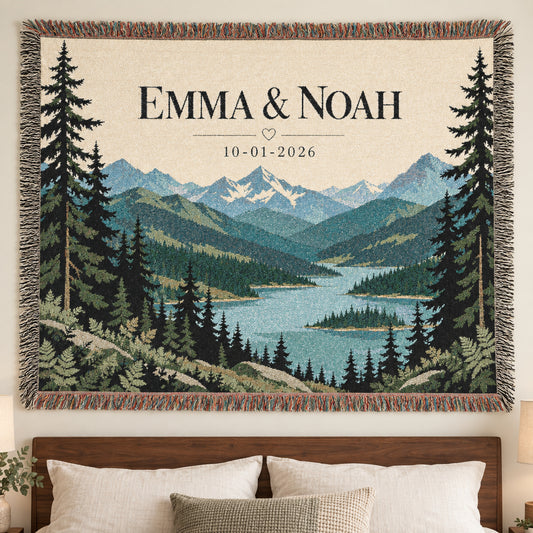 Custom Couples Blanket Throw Blanket Tapestry, Personalized Family Name Mountain Nature Cotton Fringe Small Large Bed 50x60 Wall Hanging