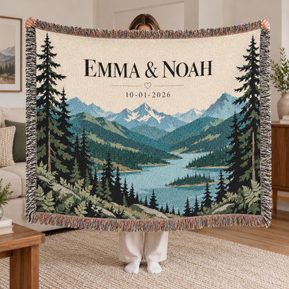 Custom Couples Blanket Throw Blanket Tapestry, Personalized Family Name Mountain Nature Cotton Fringe Small Large Bed 50x60 Wall Hanging