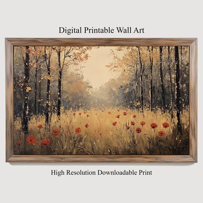Fall Trees Poppy Field Digital Wall Art, Wildflowers Nature Vintage Floral Printable Painting Instant Download JPG Files Landscape Print