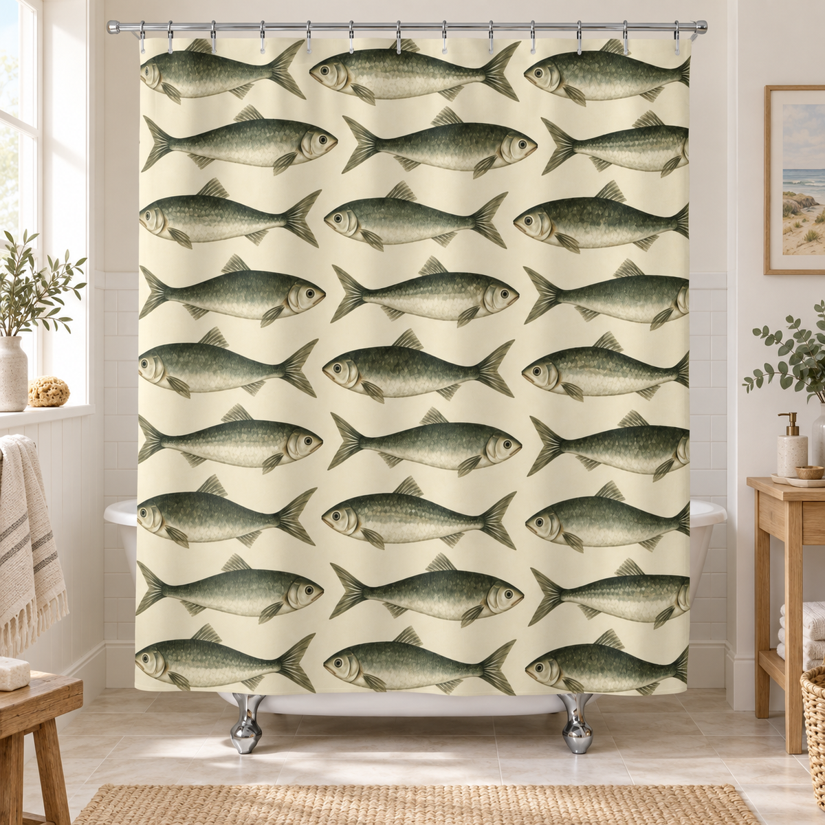 Coastal Scandinavian Fish Shower Curtain, Sage Green Sardine Nautical Ocean Bathroom Decor Waterproof Fabric Housewarming Gift 71" x 74"