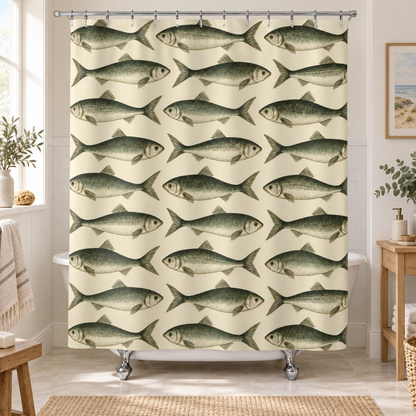 Coastal Scandinavian Fish Shower Curtain, Sage Green Sardine Nautical Ocean Bathroom Decor Waterproof Fabric Housewarming Gift 71" x 74"