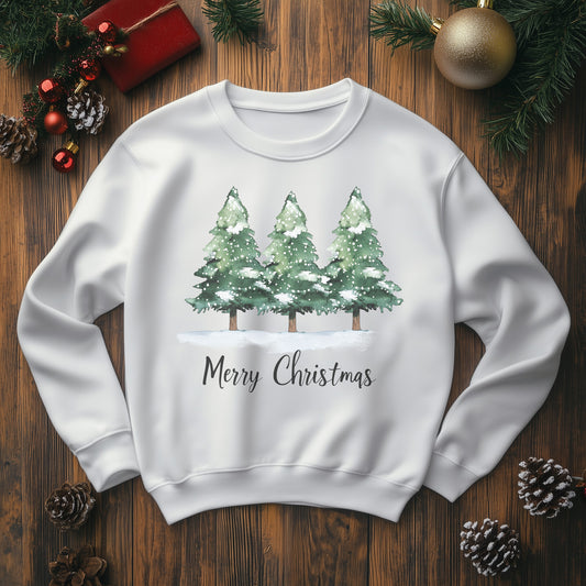 Merry Christmas Trees Sweatshirt,  Watercolor Cute Xmas Holiday Snow Print Women Men Vintage Party Winter Holiday Outfit Plus Size Sweater