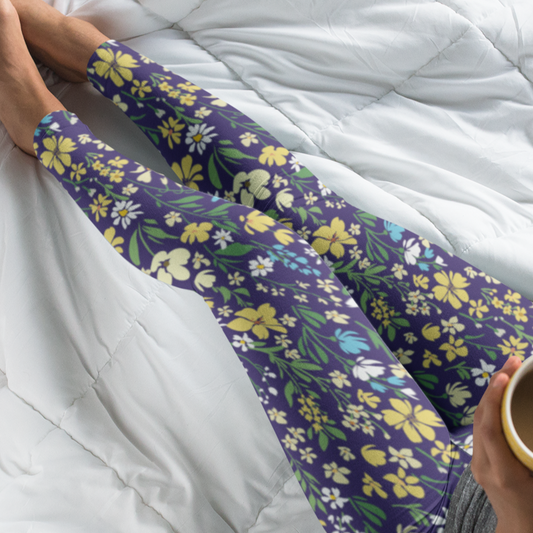 Floral Leggings Women Ladies, Yellow Purple Flowers Printed Yoga Pants Cute Spring Workout Running Gym Fun Designer Tights Gift