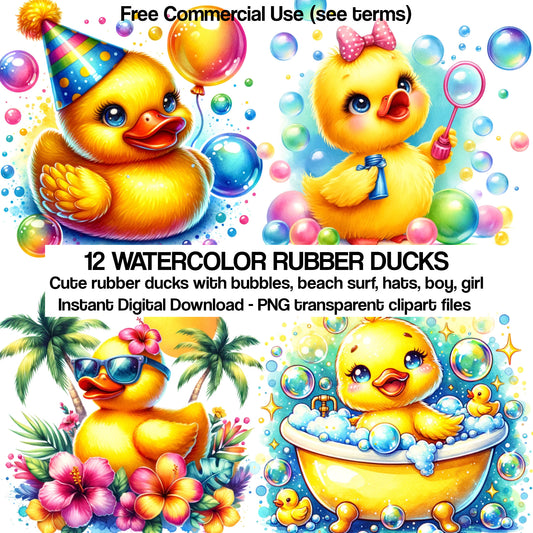 12 Rubber Duck Clipart Bundle Digital Instant Download PNG Files, Cute Yellow Watercolor Art Print Free Commercial Use Sublimation Design
