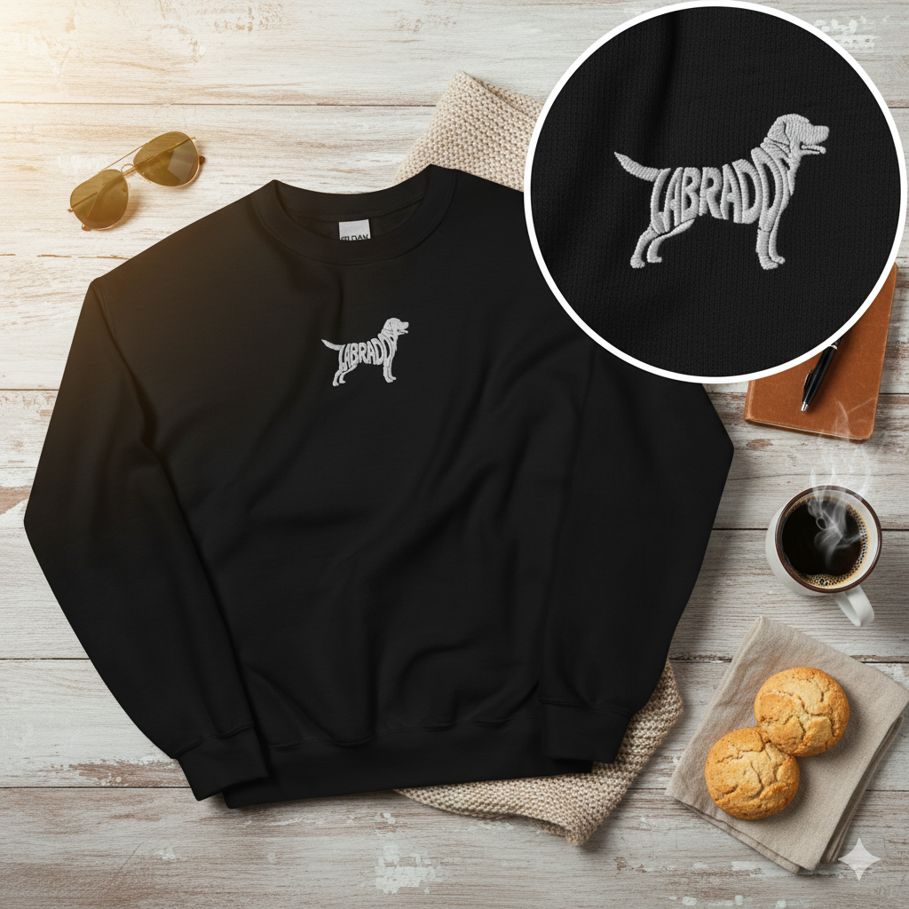 Labrador Dog Embroidered Sweatshirt, Graphic Stitched Crewneck Fleece Cotton Sweater Pullover Men Women Aesthetic Top