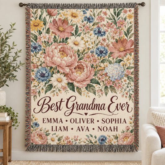 Personalized Grandmother Woven Blanket Tapestry, Grandma Nana Floral Throw Custom Kids Names Mimi First Time Cotton Small Large Wall Hanging