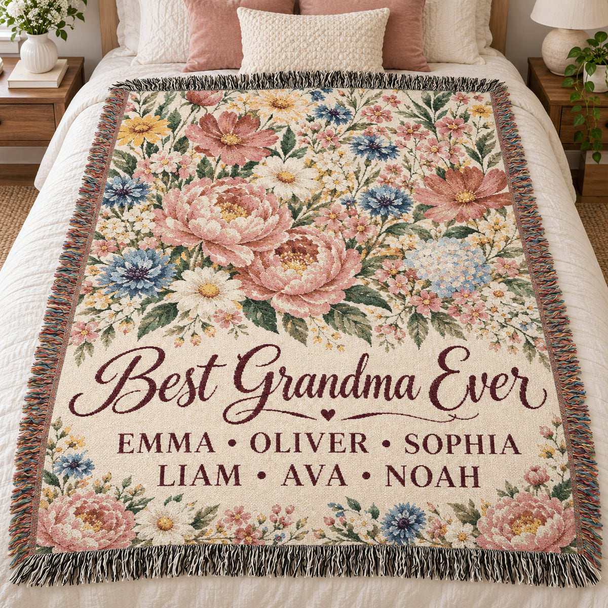 Personalized Grandmother Woven Blanket Tapestry, Grandma Nana Floral Throw Custom Kids Names Mimi First Time Cotton Small Large Wall Hanging